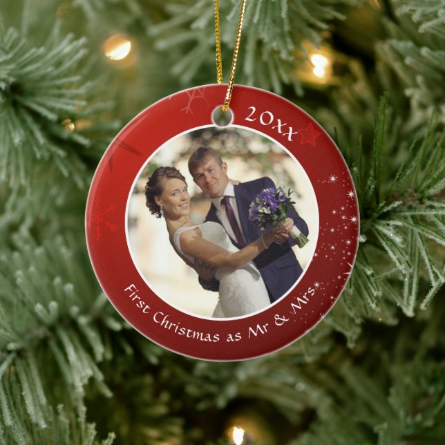 Erste Weihnachten als MR & MRS Red Snowflake 2 Fot Keramik Ornament (Baum)