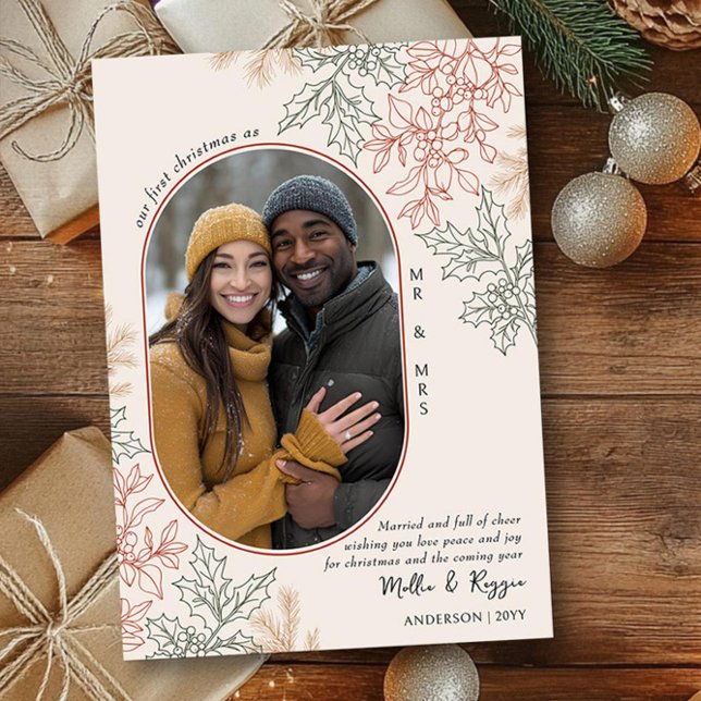 Erste Weihnachten als Mr. und Mrs. Oval Foto (First Christmas as Mr & Mrs Christmas Photo Card by Darling & May)