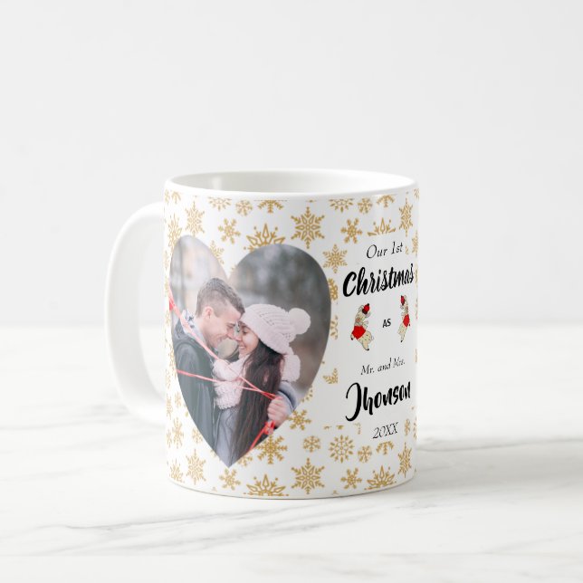 Erste Weihnachten als Mr. und Mrs. Snowflake Foto Kaffeetasse (Vorderseite Links)