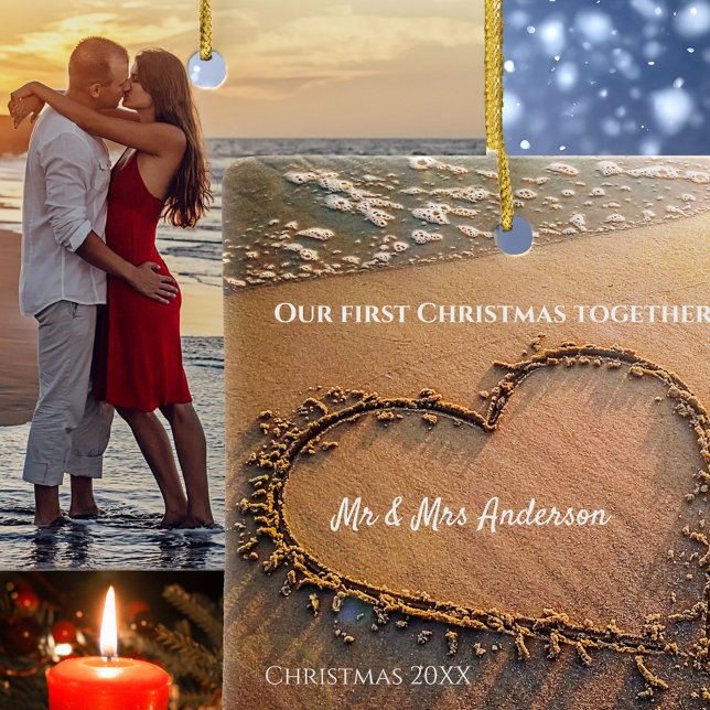 Erste Weihnachten als Mr. und Mrs. Your Foto Keramikornament (Christmas ornament with your photo on one side and on the other an image of a heart on a beach)