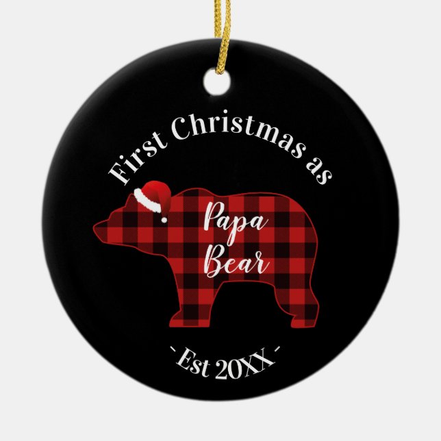 Erste Weihnachten als Papa Bären Buffalo Kariert Keramikornament (Vorne)