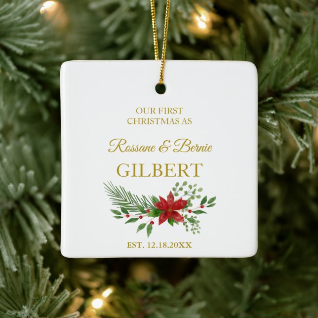 Erste Weihnachten als Zitat mit Poinsettias Design Keramikornament (Baum)