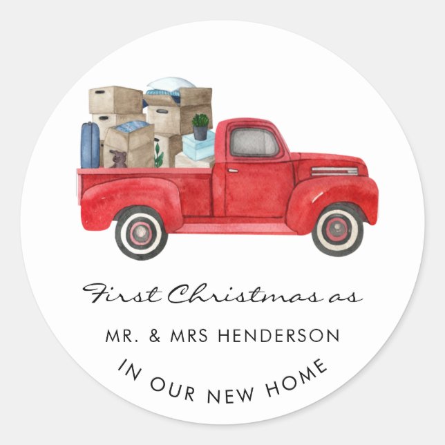 Erste Weihnachten als Zuhause von Frau Red Truck H Runder Aufkleber (Vorderseite)