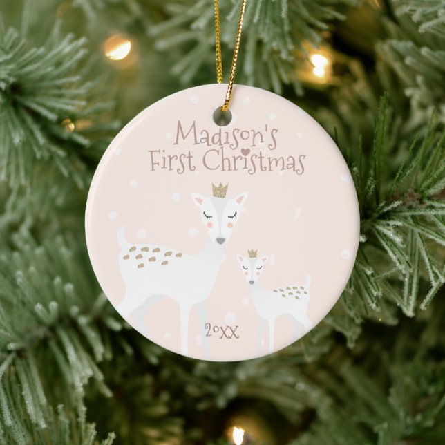 Erste Weihnachten des Babys - Niedliches Hirsch -  Keramik Ornament (Baum)