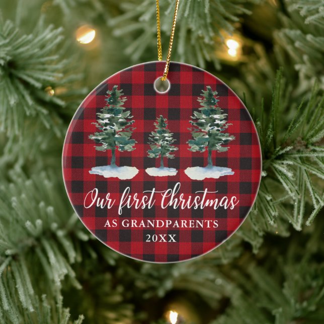 Erste Weihnachten Großeltern Pinien Kariert Keramik Ornament (Baum)