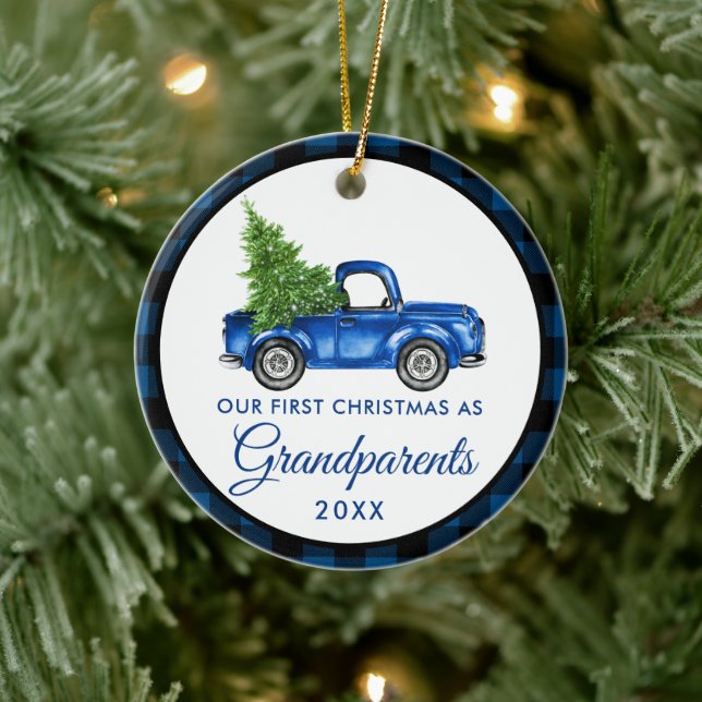 Erste Weihnachten Großeltern Truck Blue Kariert Keramik Ornament (Baum)