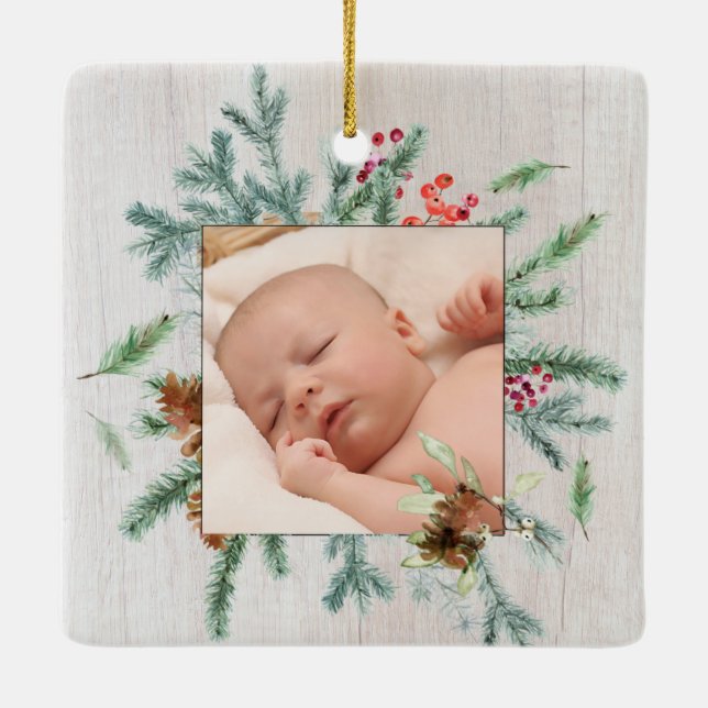 Erste Weihnachten Großeltern Winter Grüne Foto Keramikornament (Rückseite)