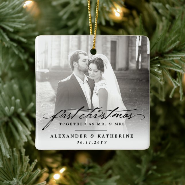 Erste Weihnachten Herr & Mrs. Holiday Wedding Foto Keramikornament (Baum)