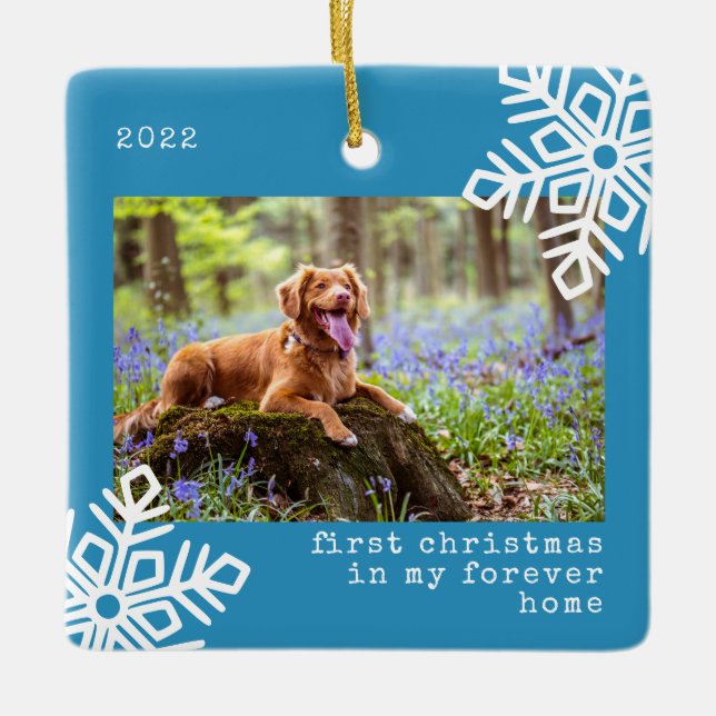 Erste Weihnachten in meinem Forever Zuhause Hund F Keramikornament (Vorderseite)