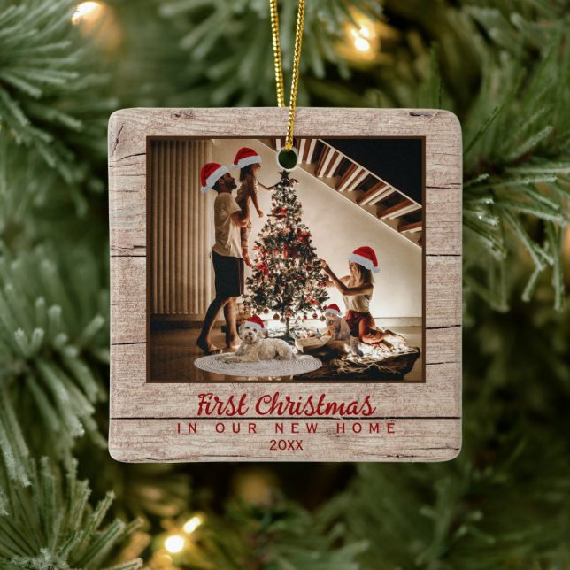 Erste Weihnachten in New Zuhause Family Foto Keramikornament (Baum)