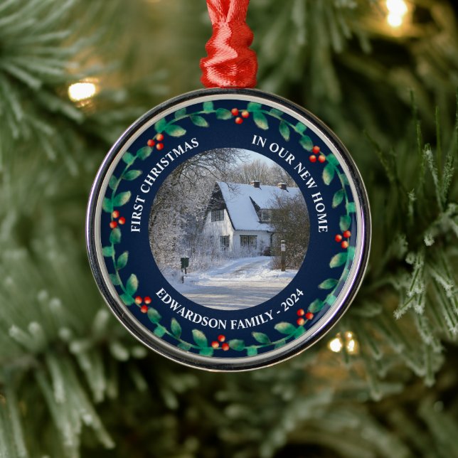 Erste Weihnachten in unserem neuen Zuhause Foto Ornament Aus Metall (Baum)