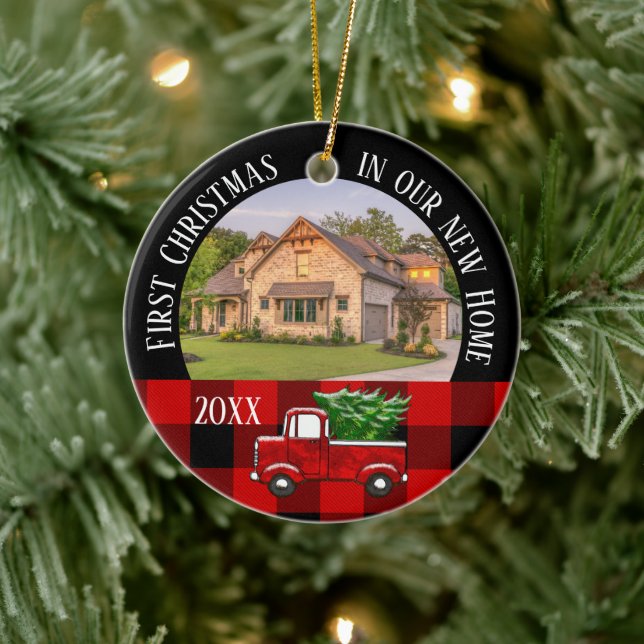Erste Weihnachten in unserem neuen Zuhause Red Tru Keramik Ornament (Baum)
