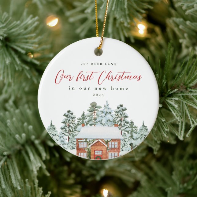 Erste Weihnachten in unserer neuen Zuhause-Adresse Keramik Ornament (Baum)