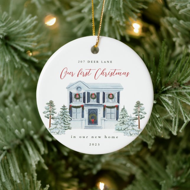 Erste Weihnachten in unserer neuen Zuhause-Adresse Keramik Ornament (Baum)