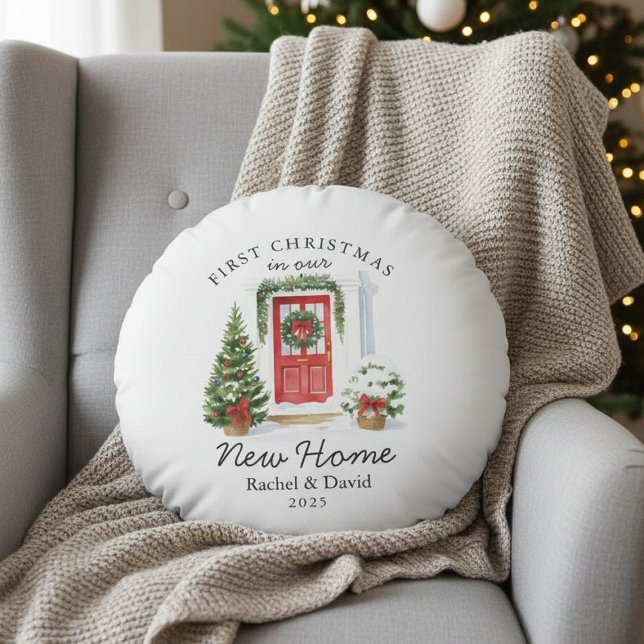 Erste Weihnachten in unserer neuen Zuhause - Rote  Rundes Kissen (Von Creator hochgeladen)