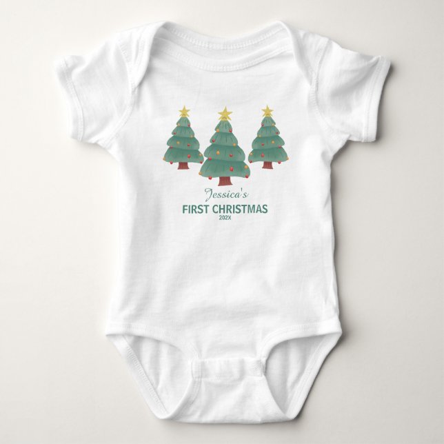 Erste Weihnachten mit drei dekorierten Bäumen Baby Strampler (Vorderseite)