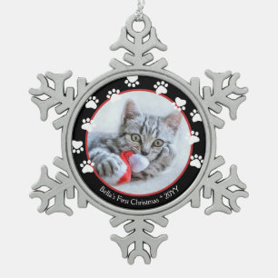 Erste Weihnachten mit schwarzen und roten Pfotenab Schneeflocken Zinn-Ornament