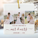 Erste Weihnachten Mr. and Mrs. 3 Foto Red Script Keramikornament<br><div class="desc">Erinnern Sie sich an Ihr erstes Weihnachtsfest als frisch vermählte Neuvermählte mit diesem schönen modernen Sake-Ornament. Der bordeauxrote Text lautet "Unser erstes Weihnachten wie", mit den Worten "mr & mrs" in elegantem Schriftsatz mit Schnörkeln vor und nach. Ersetzen Sie die drei Beispielbilder durch Ihre bevorzugten vertikalen Fotos, und fügen Sie...</div>