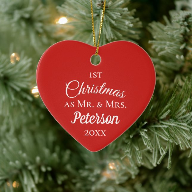 Erste Weihnachten Mr. and Mrs Simple Red Heart Keramik Ornament (Baum)