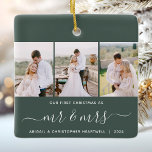 Erste Weihnachten Mr. und Mrs. 3 Foto Script Green Keramikornament<br><div class="desc">Erinnern Sie sich an Ihr erstes Weihnachtsfest als frisch vermählte Neuvermählte mit diesem schönen modernen Sake-Ornament. Der weiße Text lautet "Unser erstes Weihnachten wie", mit den Worten "mr & mrs" in eleganter Handschrift mit Schnörkeln vor und nach. Ersetzen Sie die drei Beispielbilder durch Ihre bevorzugten vertikalen Fotos, und fügen Sie...</div>