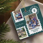 Erste Weihnachten Neue Zuhause Fun Postage Briefma Keramikornament<br><div class="desc">Spaß und unvergessliche "First Christmas in Our New Zuhause" Sake-Ornament. Design bietet unseren lustigen Porto-Briefmarke Foto Collage Design. Collage mit 3 Fotos,  um Ihre besonderen Fotos Ihrer Familie und neue Zuhause anzuzeigen. Anpassbarer Text mit Unterschrift,  Jahr,  Adresse und Monogramm. Dieses Ornament wäre ein großartiges Geschenk für ein Hauswärmespiele.</div>