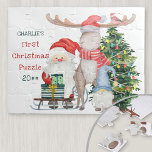 Erste Weihnachten Niedlich Santa & Helfer Personal<br><div class="desc">Personalisiertes Puzzle für die ersten Weihnachten eines kleinen Jungen oder Mädchens. Das Design umfasst den Weihnachtsmann und seine Helfer,  einen dekorierten Weihnachtsbaum,  einen Gnome und einen Schlitten mit Geschenkverpackungen. Der Wortlaut lautet "[name's] First Christmas Puzzle [year]" und die Vorlage ist für Sie bereit zum Set anpassen.</div>