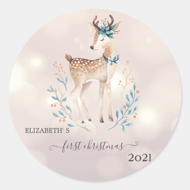 Erste Weihnachten, Niedlicher Hirschurlaub Runder Aufkleber (Vorderseite)