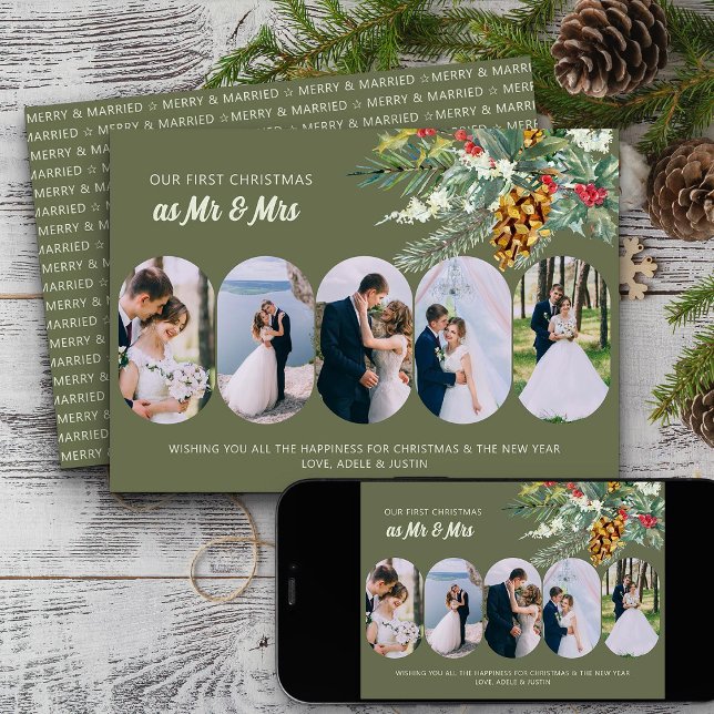 Erste Weihnachten Verheiratet 5 Foto Holly und Pin (First Christmas Married Photo Holiday Card from Rounded Lozenge Photo Collage collection)