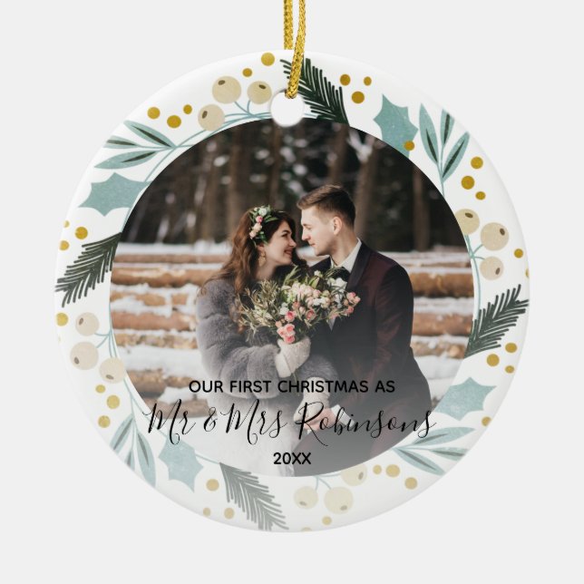 Erste Weihnachten Verheiratet als Mr. & Mrs. Foto  Keramik Ornament (Vorne)