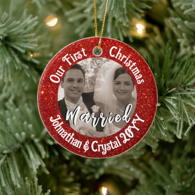 Erste Weihnachten Verheiratet Personalisiert Roter Keramik Ornament (Baum)