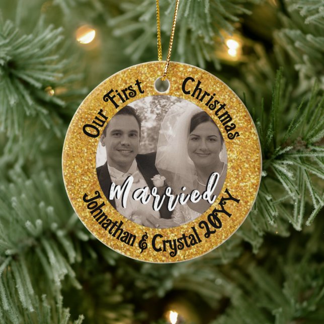 Erste Weihnachten Verheiratet Personalisiert Roter Keramik Ornament (Baum)