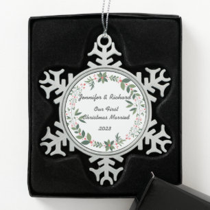 Erste Weihnachten Verheiratete bearbeitete Namen u Schneeflocken Zinn-Ornament