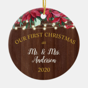 Erste Weihnachten Verheiratete Rustikale Poinsetti Keramik Ornament