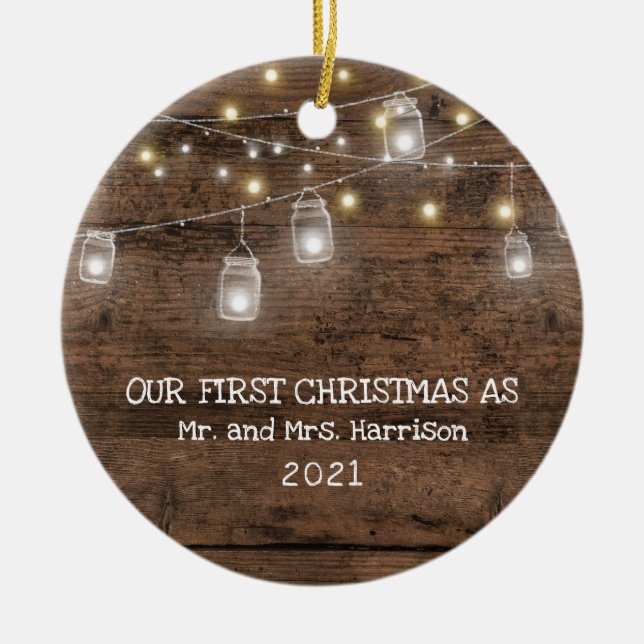 Erste Weihnachten Verheiratetes Foto Rustikale Str Keramik Ornament (Vorne)