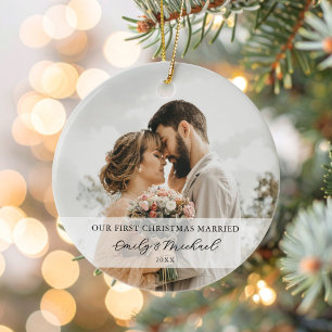 Erste Weihnachten Verheiratetes Newlyrische Foto Keramik Ornament