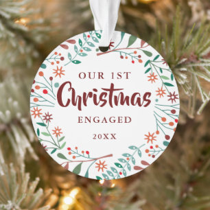 Erste Weihnachten Verlobt Moderne Blumenkuppel Fot Ornament