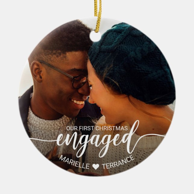 Erste Weihnachten Verlobte Schrift 2 Foto Keramik Ornament (Vorne)