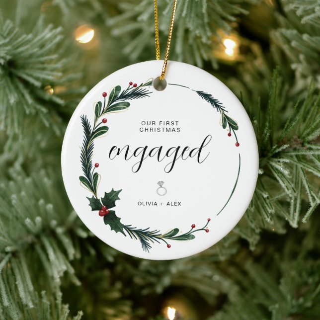 Erste Weihnachten Verlobten Personalisierten Coupl Keramik Ornament (Baum)