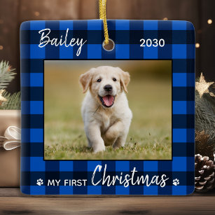 Erste Weihnachten Welpe Blue Kariert Dog Pet Foto Keramikornament