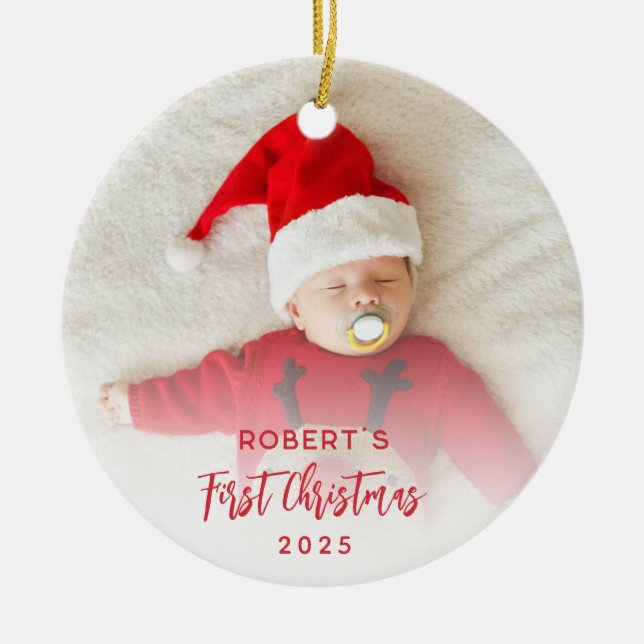 Erste Weihnachts-Baby-Foto-Skript Custom Keramik Ornament (Vorne)