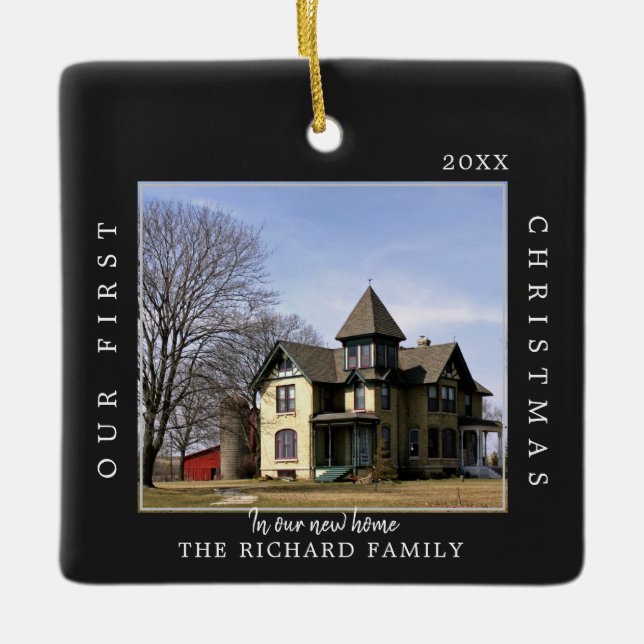 Erste Weihnachts Neue Zuhause Custom Black Foto Keramikornament (Vorderseite)