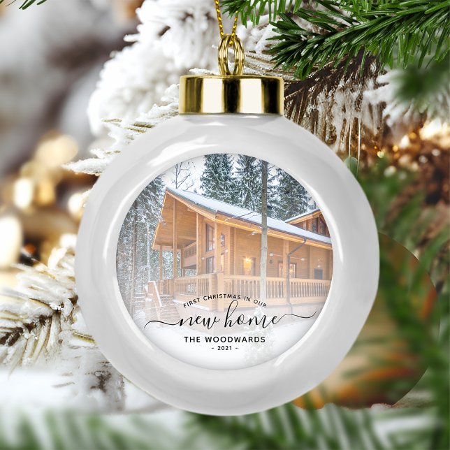 Erste Weihnachts Neue Zuhause Custom Foto Black Sc Keramik Kugel-Ornament (Von Creator hochgeladen)
