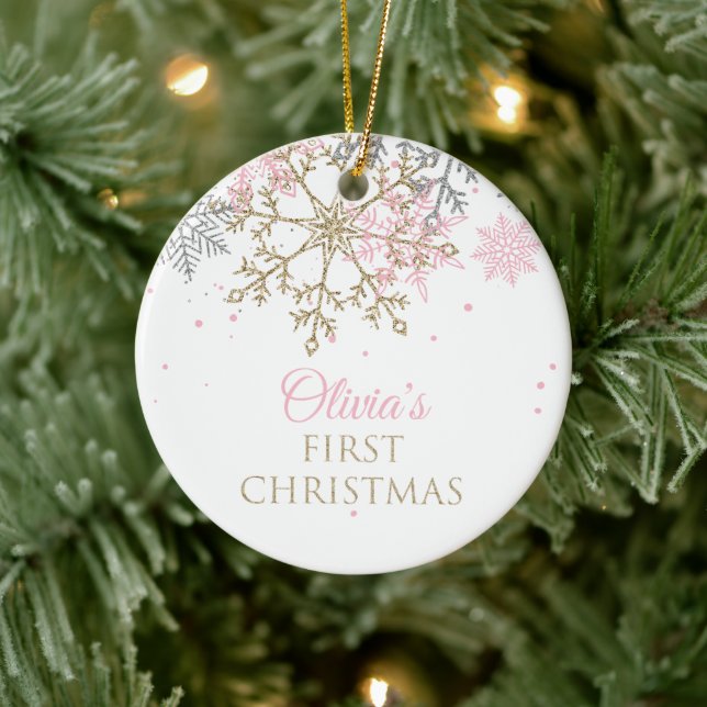Erste Weihnachts-Rosa und Gold-Glitzer-Schneeflock Keramik Ornament (Baum)
