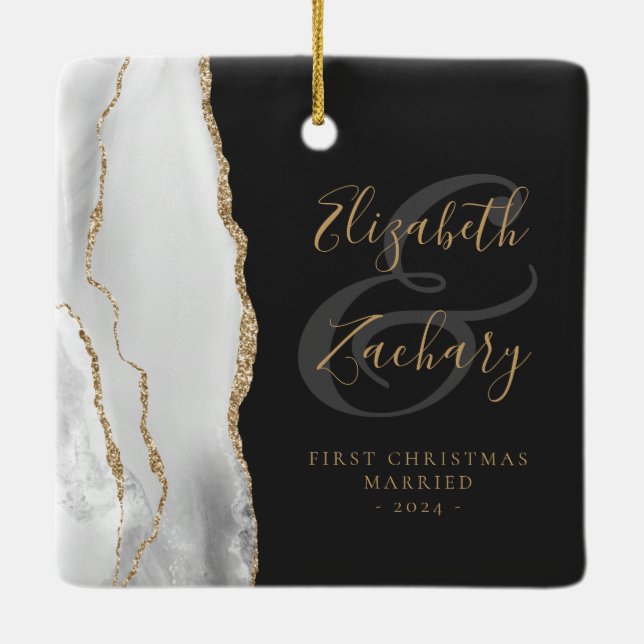 Erste Weihnachts Verheiratet Grau Agate Gold Scrip Keramikornament (Rückseite)