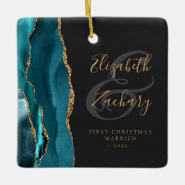 Erste Weihnachts Verheiratete Aquamarine Agate Gol Keramikornament