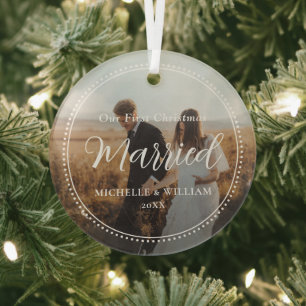 Erste Weihnachts-Verheiratete Script-Overlay-Foto Ornament Aus Glas