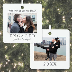 Erste Weihnachts Verlobtes Script Custom Foto Ornament Aus Metall