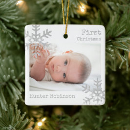 Erste Weihnachts Weißes Foto Schneeflocken Keramikornament