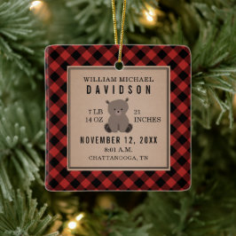 Erste Weihnachtsbabys Details Roter Karierter Bär Keramikornament