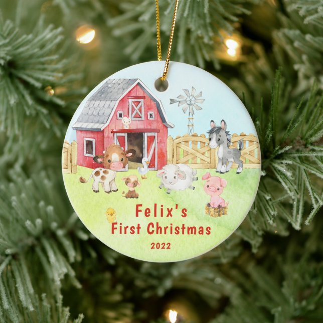 Erste Weihnachtsbauernfreunde des Babys 2-seitiges Keramik Ornament (Baum)